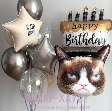 Композиция из шаров "Недовольный кот на ДР"  фото