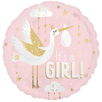 Фольгированный круг "Аист на розовом, сатин"