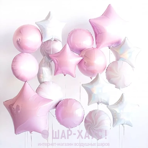 Много розовых шаров фольгированные звезды шары карамельки нежные шары на выписку девочке белые звезды фото