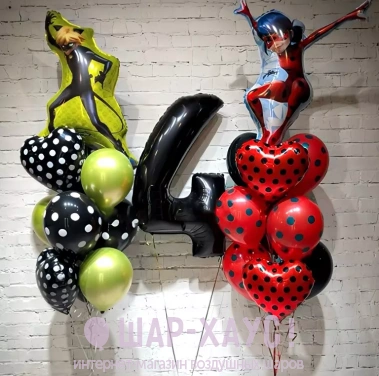 Композиция из шаров "Фонтаны Леди Баг и супер Кот с цифрой" фото