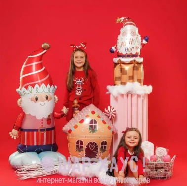 Композиция из шаров "Большой эльф и Дед Мороз с домиком" фото