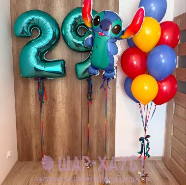 Композиция из шаров "Стич, цифры тиффани и фонтан"  фото