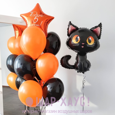 Композиция из шаров "Черный кот и оранжевый фонтан"  фото