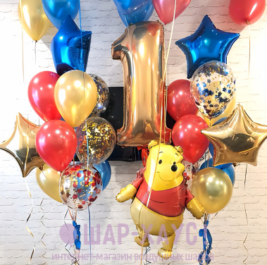 Композиция из шаров "Винни - два фонтана и цифра"  фото