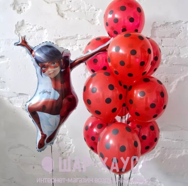Фонтан из 10 воздушных шаров и фигура "Леди Баг" фото