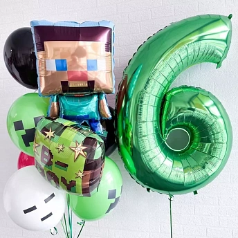 Композиция из шаров "Пиксельный герой Minecraft с цифрой"