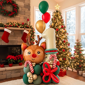 Новогодняя стойка из воздушных шаров с олененком и цифрой