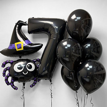 Композиция из шаров "Черный паучок с цифрой" 