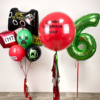 Композиция из шаров "Зеркальный шар, цифра и фонтан Minecraft"