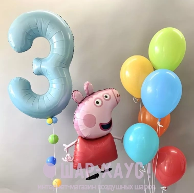 Композиция из шаров "Свинка Пеппа с букетом и цифрой" фото