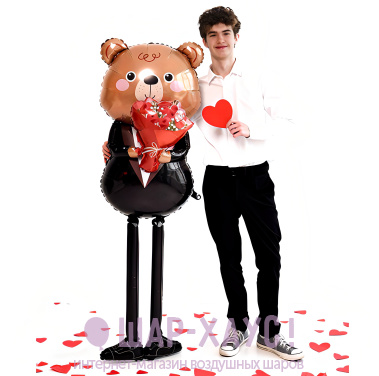 Фольгированная 3D фигура "Мишка с букетом роз"  фото