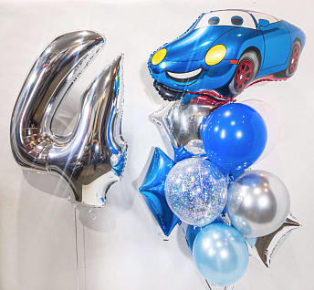 Композиция из шаров "Синяя тачка и цифра серебро" 