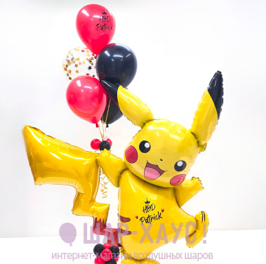 Композиция из шаров "Большой Пикачу и красный фонтан"  фото