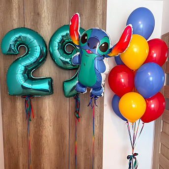 Композиция из шаров "Стич, цифры тиффани и фонтан" 