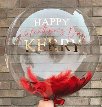 Прозрачный шар Бабл с красными перьями "Happy Valentine's day!"