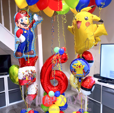 Композиция из шаров "Супер Марио и Пикачу"  фото