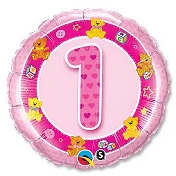 Фольгированный шар с рисунком "1 год мишки" розовые