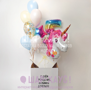 Воздушные шары Композиция из шаров с коробкой "Единорог" фото