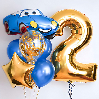Композиция из шаров "Синяя тачка и цифра золото" 