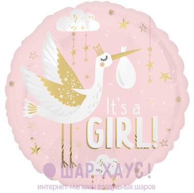 Фольгированный круг "Аист на розовом, сатин" фото