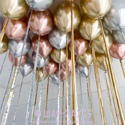 воздушные шары с гелием под потолок хром серебро золото и розовый фото