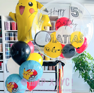 Композиция из шаров "Фонтан Пикачу и шар Бабл"  фото