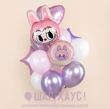 Фонтан из воздушных шаров "Розовый Лабубу" фото