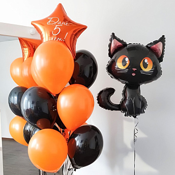 Композиция из шаров "Черный кот и оранжевый фонтан" 