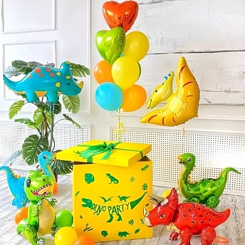 Композиция из шаров с желтой коробкой "Dino Party"