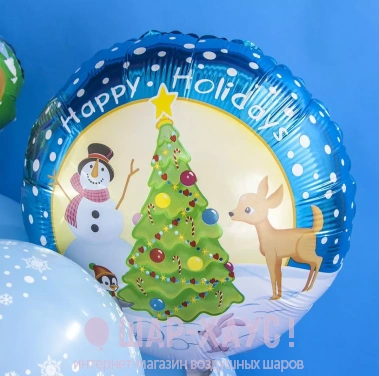 Фольгированный круг с рисунком "Веселый снеговик" фото