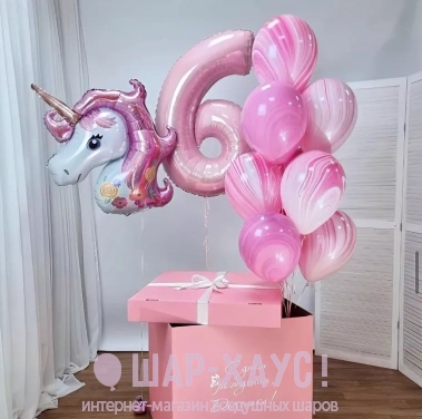 Воздушные шары Композиция из шаров с коробкой "Розовый единорог" фото