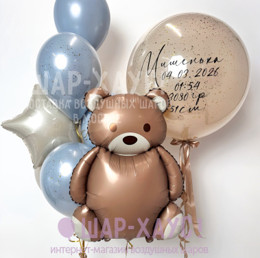 Композиция из шаров на выписку "Медвежонок" фото